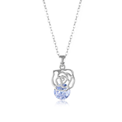 Crystal & Silvertone Rose Pendant Necklace