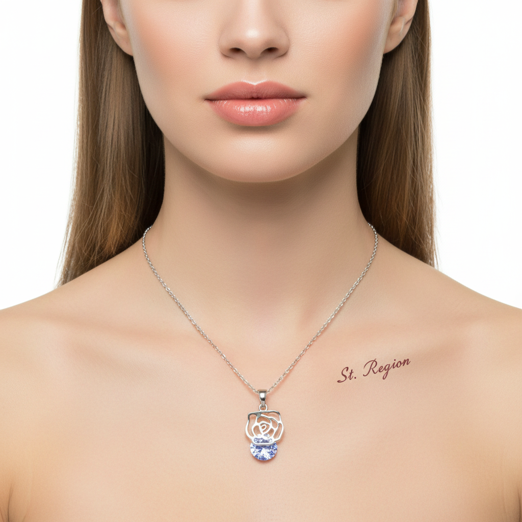 Crystal & Silvertone Rose Pendant Necklace