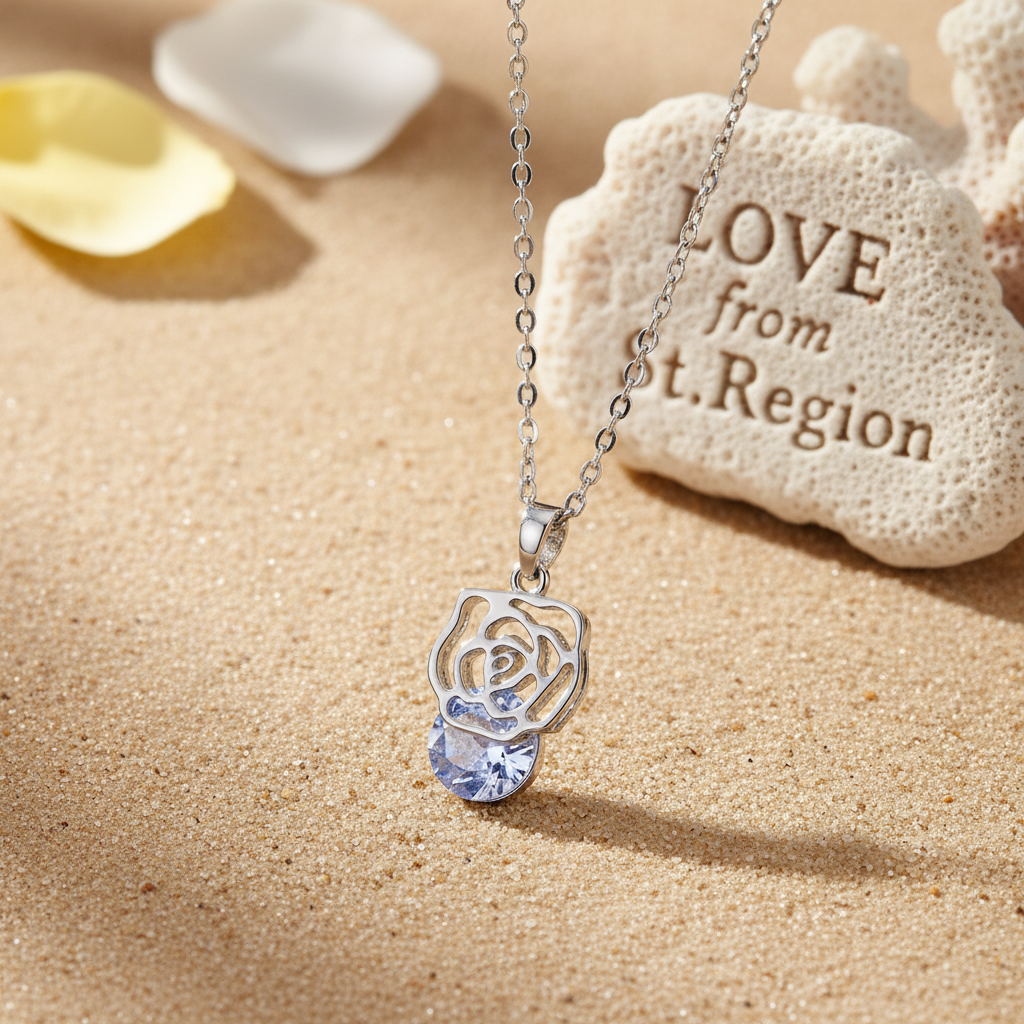 Crystal & Silvertone Rose Pendant Necklace
