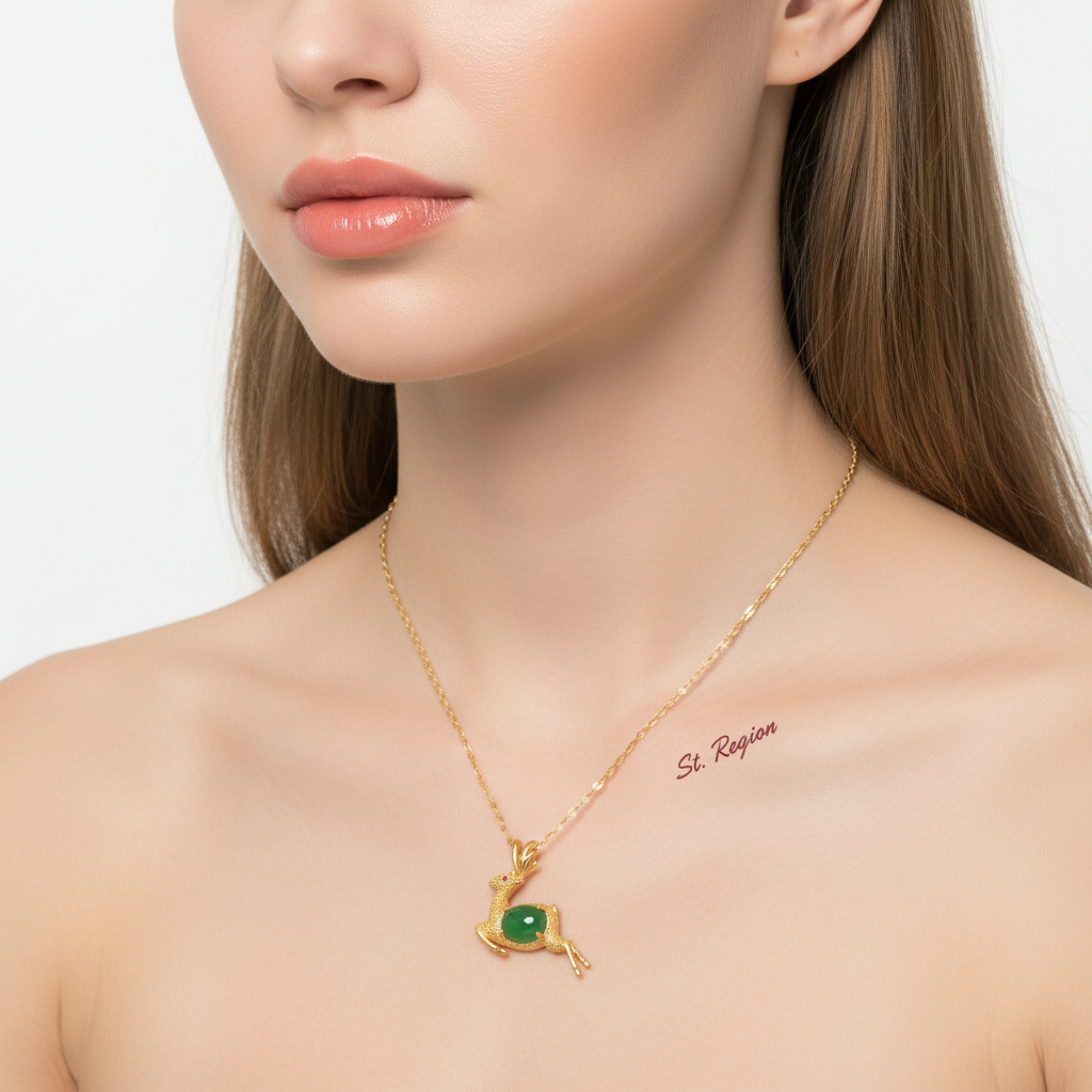 Green Jade & Cubic Zirconia Reindeer Pendant Necklace