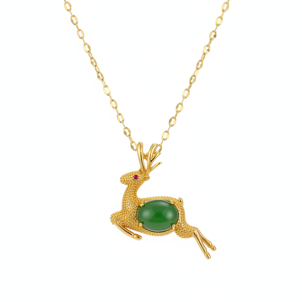Green Jade & Cubic Zirconia Reindeer Pendant Necklace