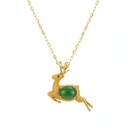 Green Jade & Cubic Zirconia Reindeer Pendant Necklace