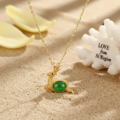 Green Jade & Cubic Zirconia Reindeer Pendant Necklace