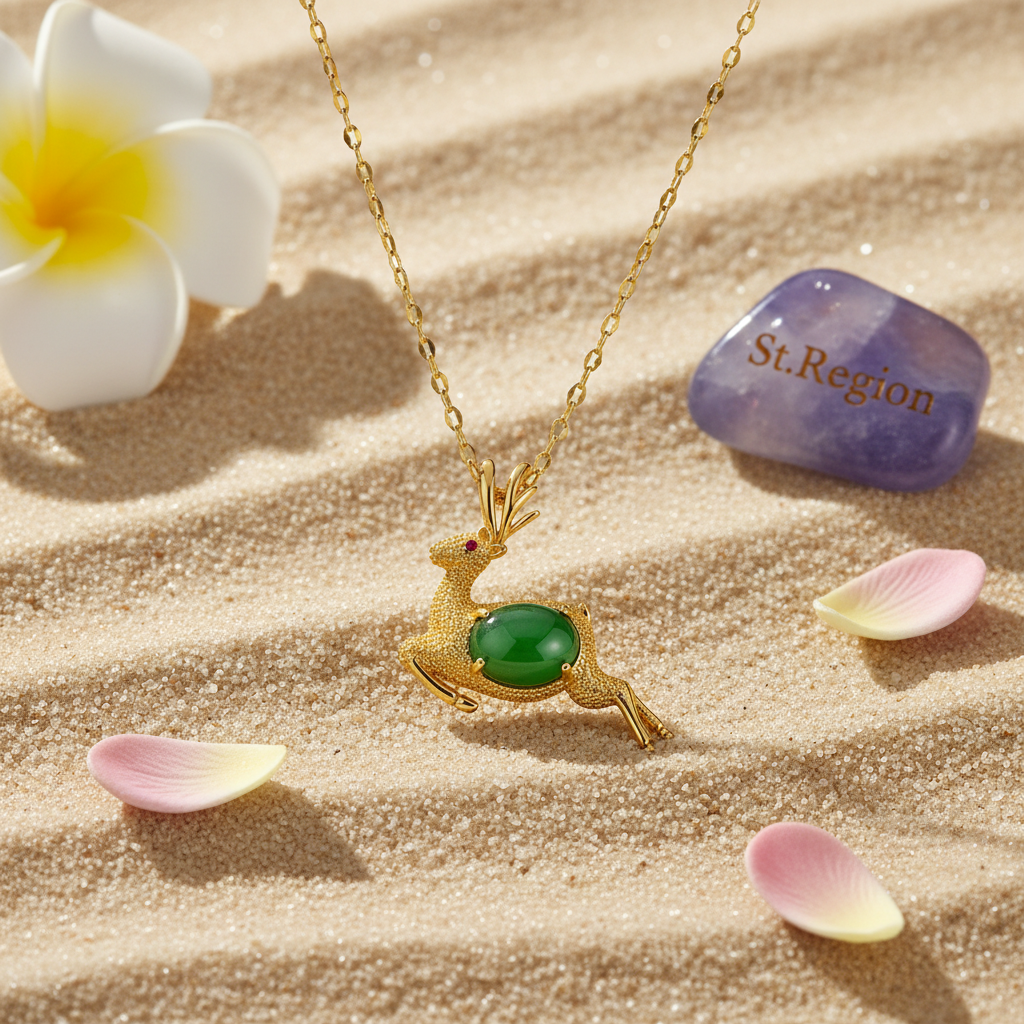 Green Jade & Cubic Zirconia Reindeer Pendant Necklace