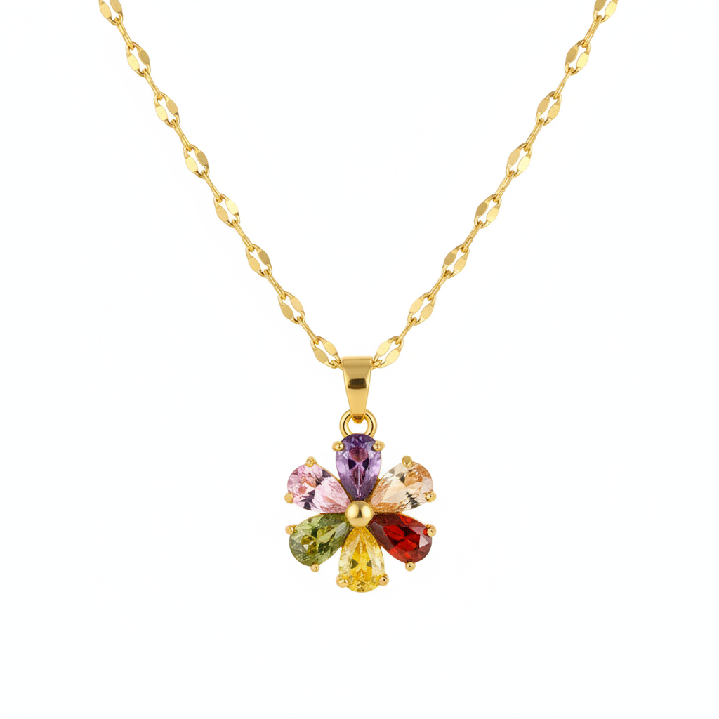 Red Multicolor Crystal & Goldtone Floral Pendant Necklace