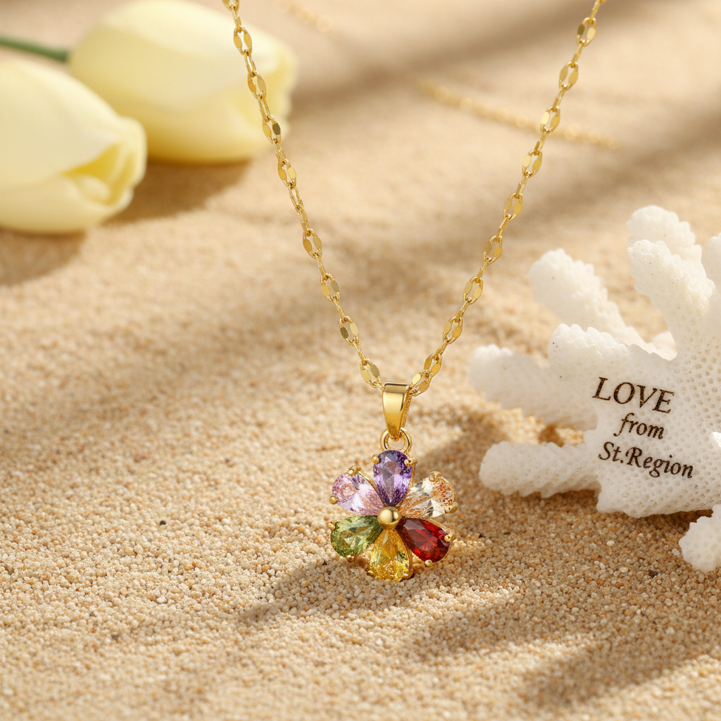 Red Multicolor Crystal & Goldtone Floral Pendant Necklace