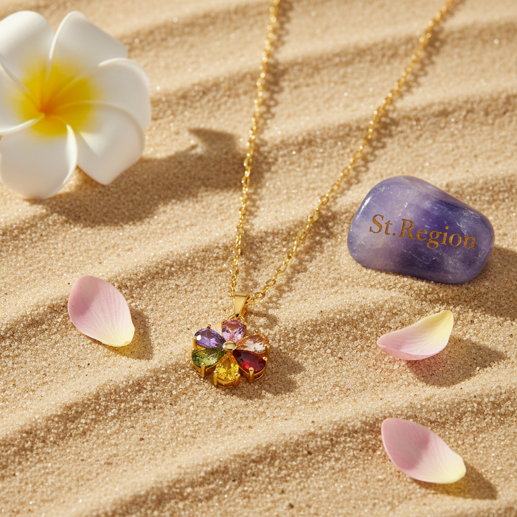 Red Multicolor Crystal & Goldtone Floral Pendant Necklace