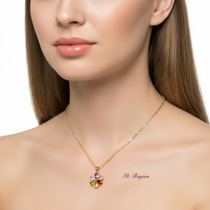 Red Multicolor Crystal & Goldtone Floral Pendant Necklace