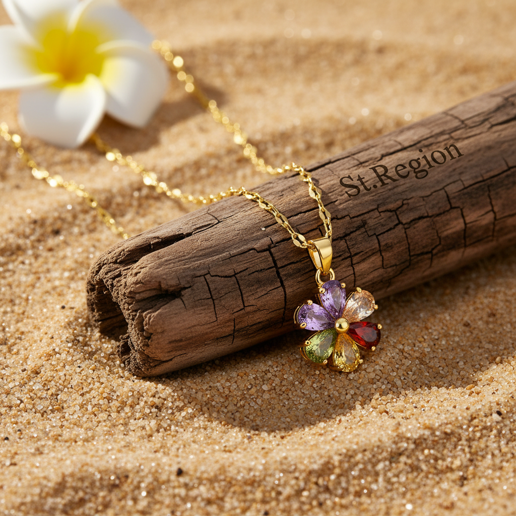 Red Multicolor Crystal & Goldtone Floral Pendant Necklace