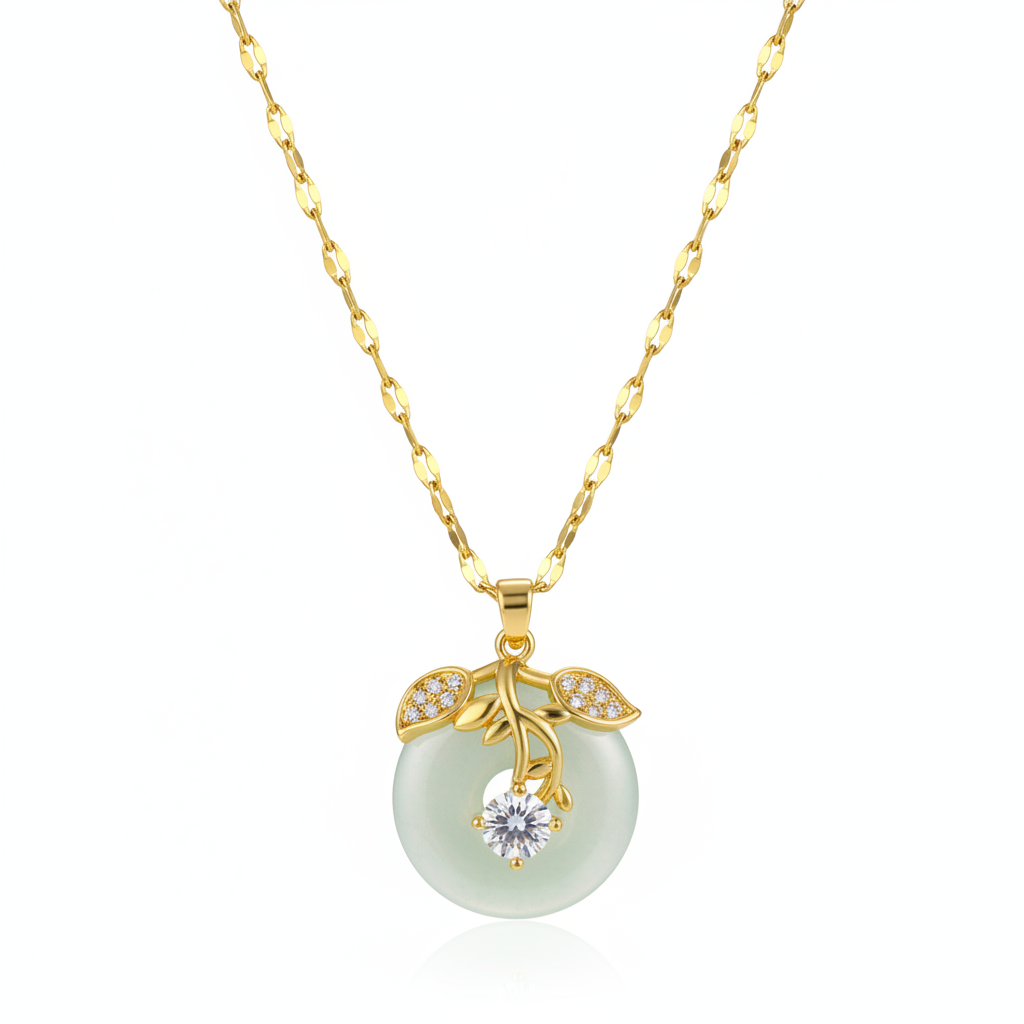 Jade & Cubic Zirconia Goldtone Botanical Pendant Necklace