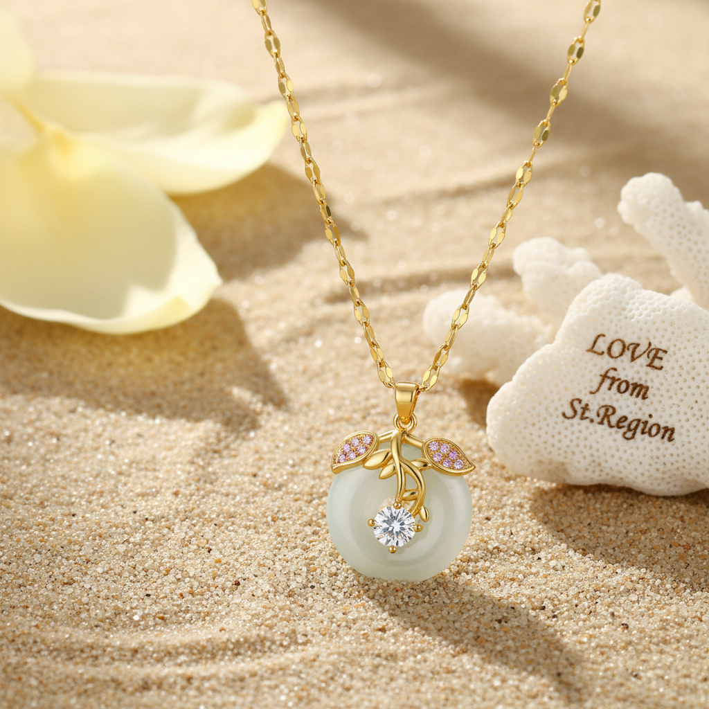 Jade & Cubic Zirconia Goldtone Botanical Pendant Necklace