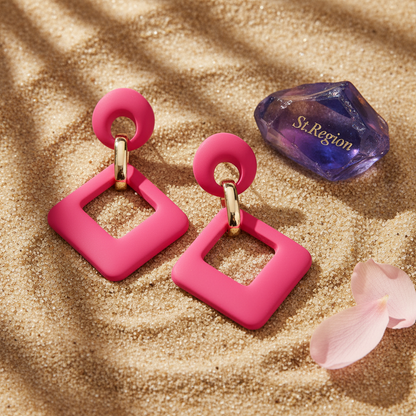 Rose Enamel & Goldtone Open Rhombus Drop Earrings