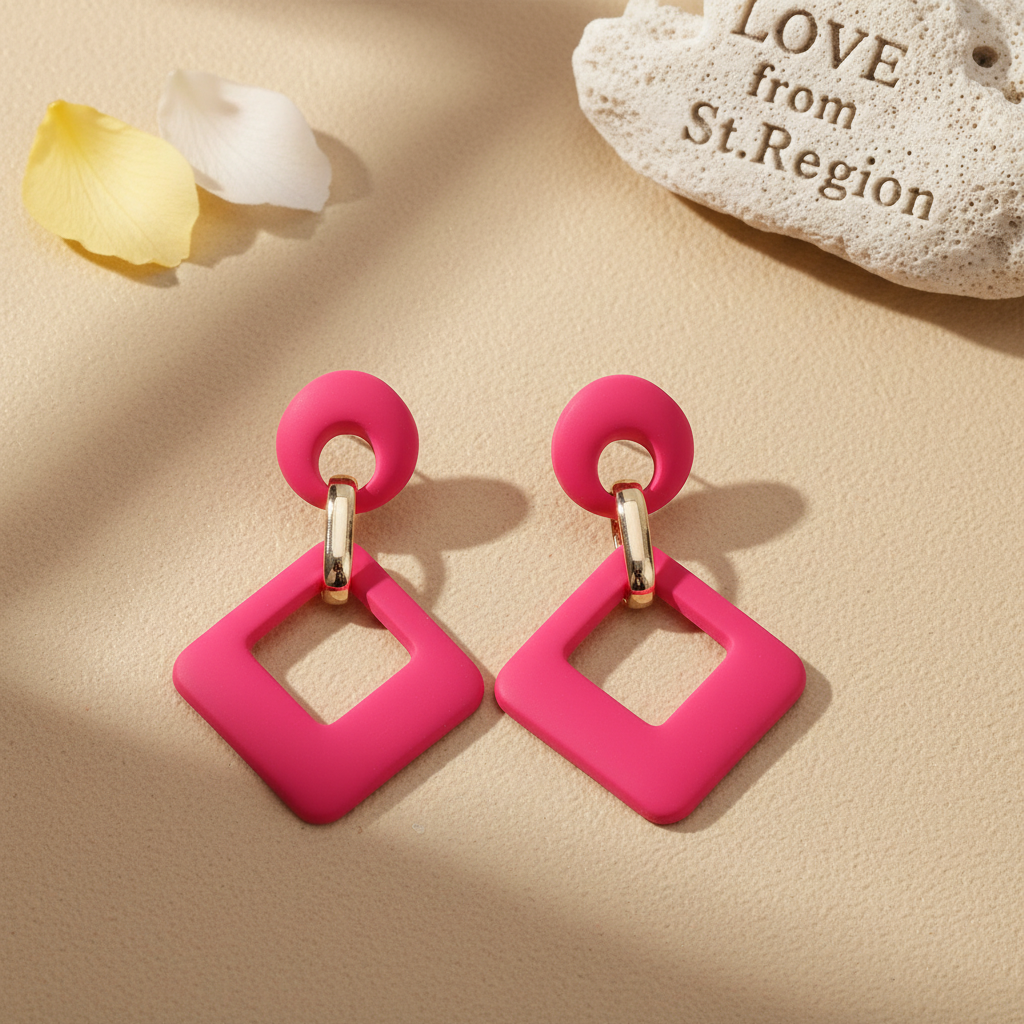 Rose Enamel & Goldtone Open Rhombus Drop Earrings