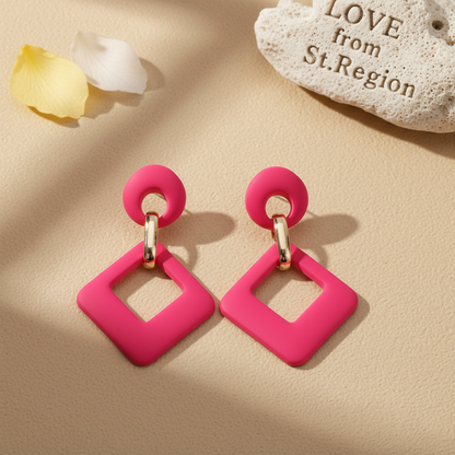 Rose Enamel & Goldtone Open Rhombus Drop Earrings