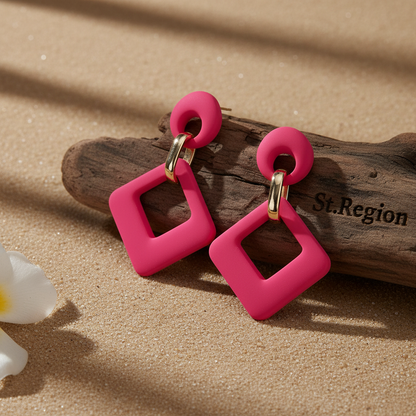 Rose Enamel & Goldtone Open Rhombus Drop Earrings