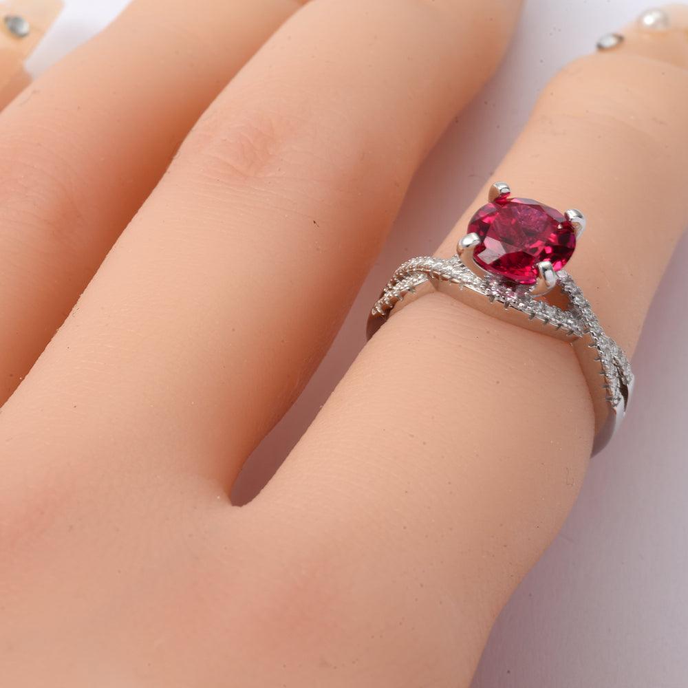Round Red Lab Grown Ruby Prong Silver Twisted Band Solitaire Ring
