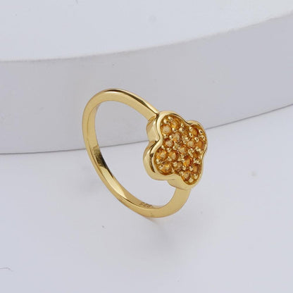 Round Yellow Citrine Pave 18K Yellow Gold Plated Silver Four Leaf Clover Ring