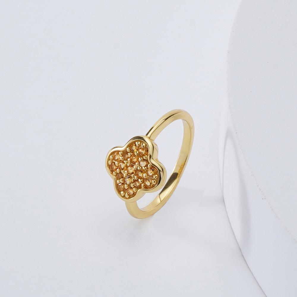 Round Yellow Citrine Pave 18K Yellow Gold Plated Silver Four Leaf Clover Ring