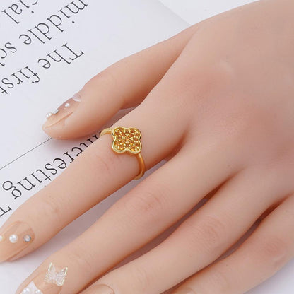 Round Yellow Citrine Pave 18K Yellow Gold Plated Silver Four Leaf Clover Ring
