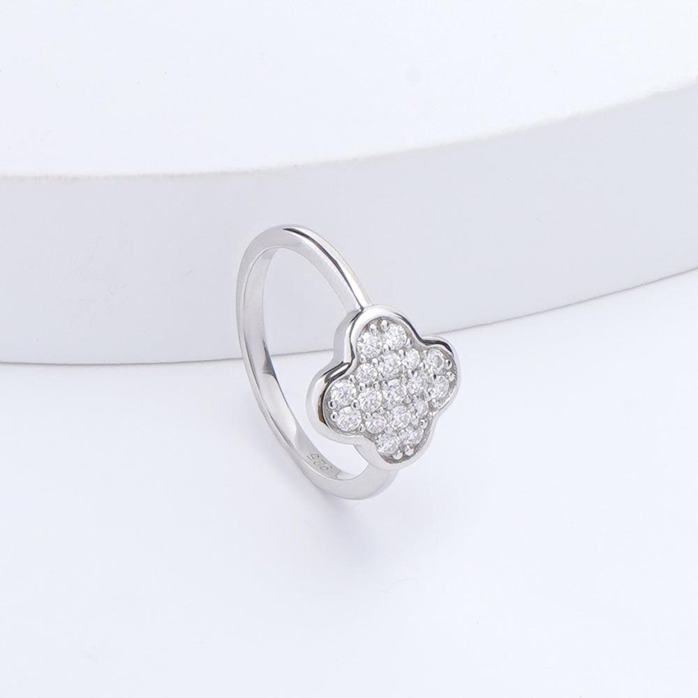 Round White Moissanite Pave Sterling Silver Four Leaf Clover Ring