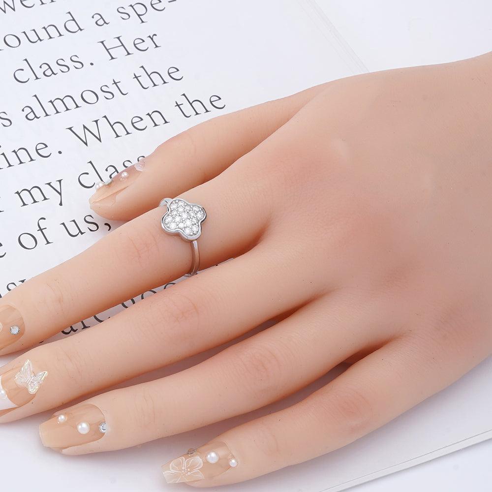 Round White Moissanite Pave Sterling Silver Four Leaf Clover Ring