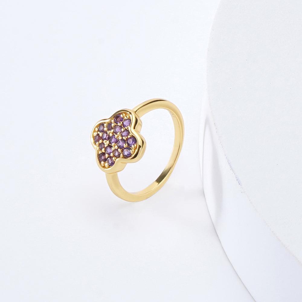 2.54 Ct Round Dark Purple Amethyst Prong Yellow Gold Plated Silver Four Leaf Clover Ring