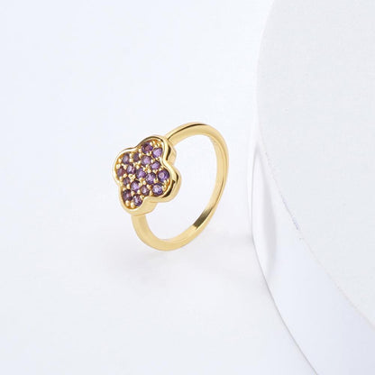 2.54 Ct Round Dark Purple Amethyst Prong Yellow Gold Plated Silver Four Leaf Clover Ring