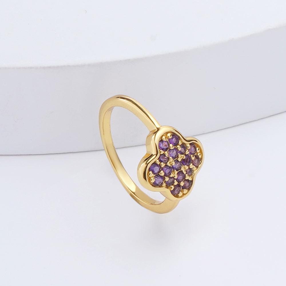 2.54 Ct Round Dark Purple Amethyst Prong Yellow Gold Plated Silver Four Leaf Clover Ring