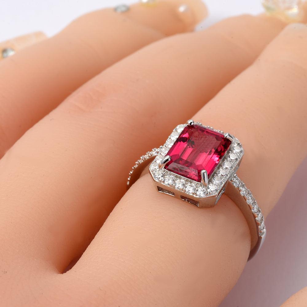 Octagon Created Pink Ruby Prong Silver Halo Ring