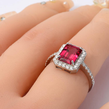 Octagon Created Pink Ruby Prong Silver Halo Ring