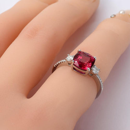 Cushion Red Lab Grown Ruby Prong Silver Three Stone Ring