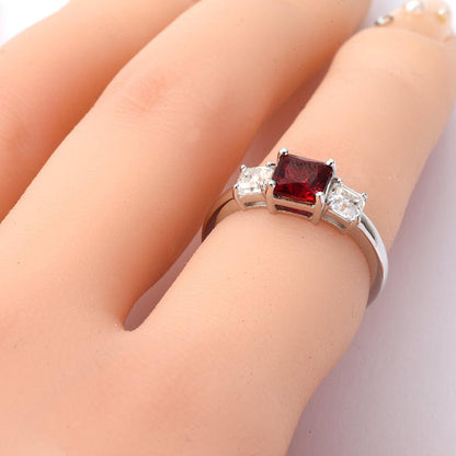 Octagon Red Lab Grown Ruby Prong Silver Three Stone Promise Ring