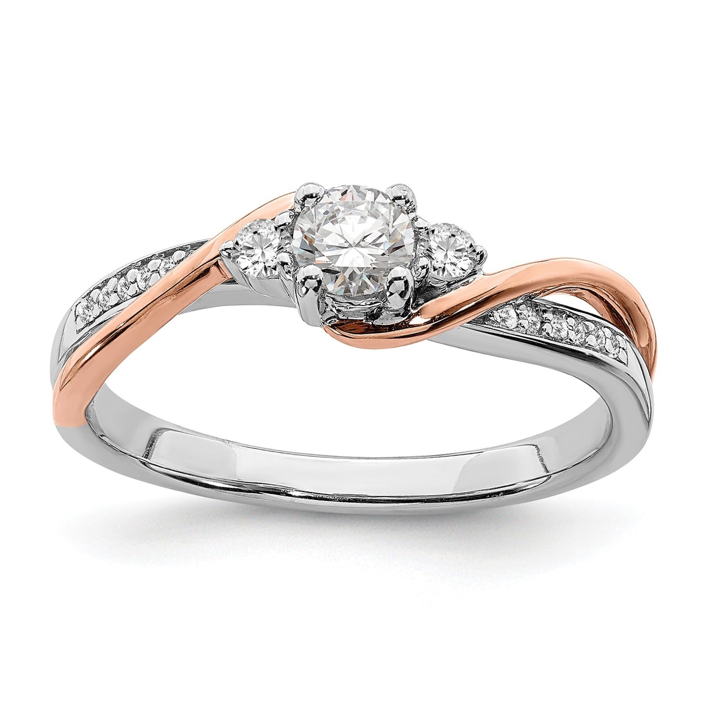 14k White and Rose Gold 3/8 ct Lab Diamond 3Three Stone Pave Bypass Ring