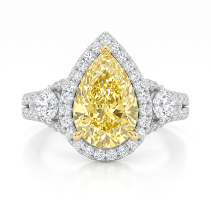 3Cttw Pear Shaped Yellow Lab Grown Diamond (F/VS) Three Stone Bold Accented Engagement Ring in 14K Gold