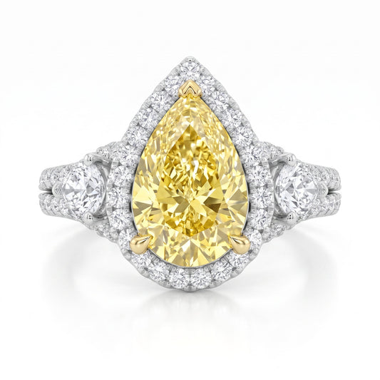 3Cttw Pear Shaped Yellow Lab Grown Diamond (F/VS) Three Stone Bold Accented Engagement Ring in 14K Gold