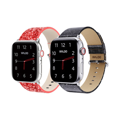 Waloo 2-Pack Leather Bling & Shiny Brilliance Leather Bands For Apple Watch