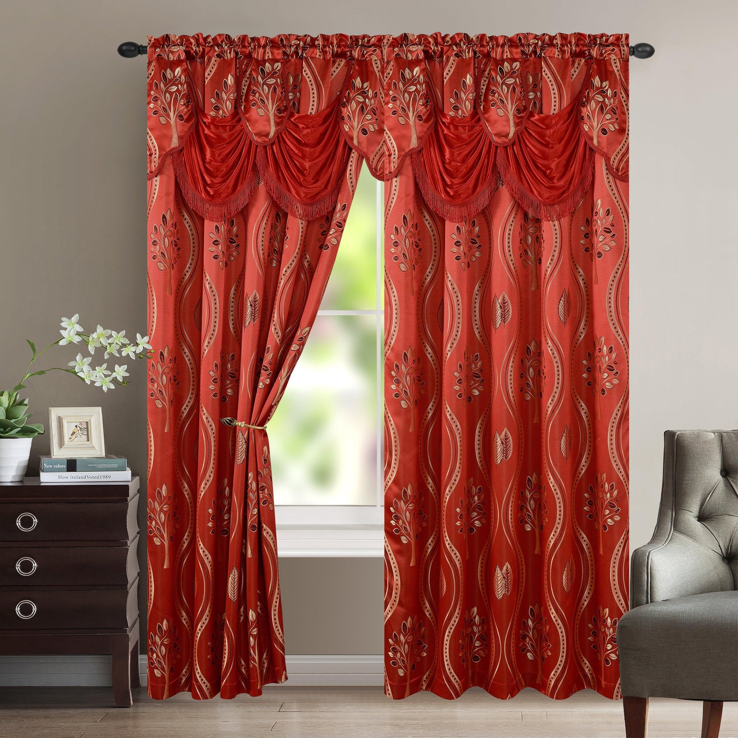 Elegant Comfort Set of 2 Aurora Curtain Panels- Attached Valance - Rod Pocket- 54" W x 84" L