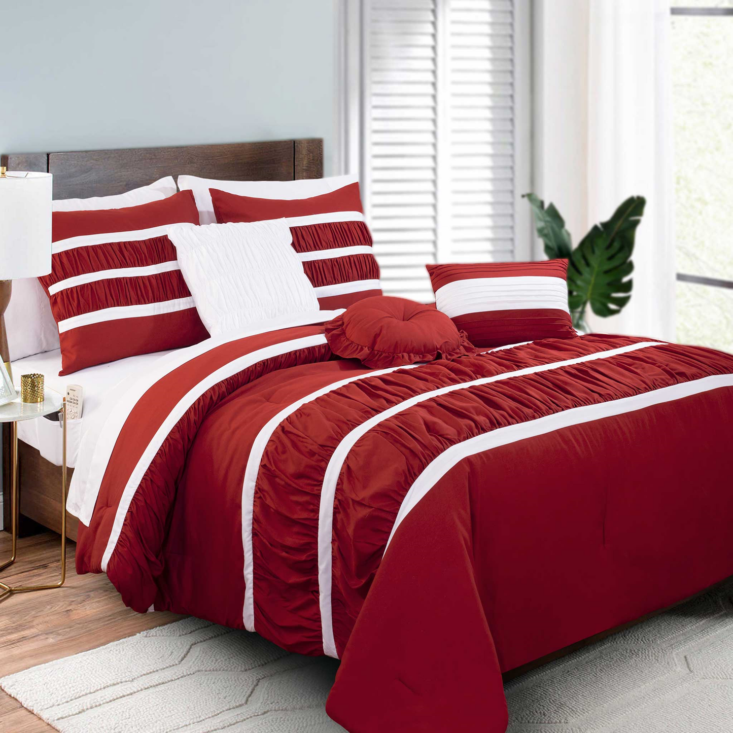 Mocassi 12-Piece Isabella Pleated Ruched Ruffled Comforter Set, Includes 6-Piece Sheet Set with Double Sided Storage Pockets