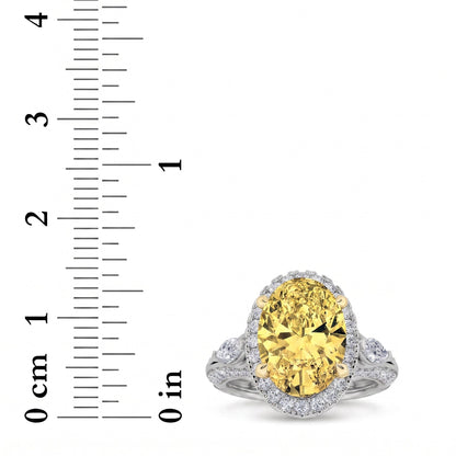 3Cttw Oval Shaped Yellow Lab Grown Diamond (F/VS) Three Stone Halo Engagement Ring in 14K Gold