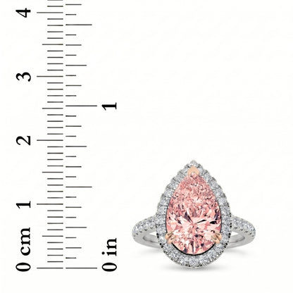 3Cttw Pear Shaped Pink Lab Grown Diamond (F/VS) Bold Accented Halo Engagement Ring in 14K Gold