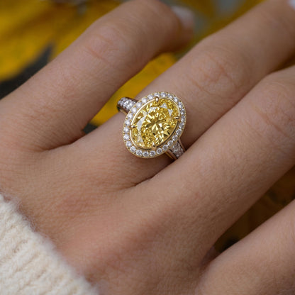 3.5Cttw Oval Shaped Yellow Lab Grown Diamond (F/VS) Bold Accented Statement Halo Engagement Ring 14K Gold