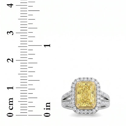 2.5Cttw Radiant Shaped Fancy Yellow Lab Grown Diamond (F/VS) Split Shank Halo Engagement Ring 14K Gold