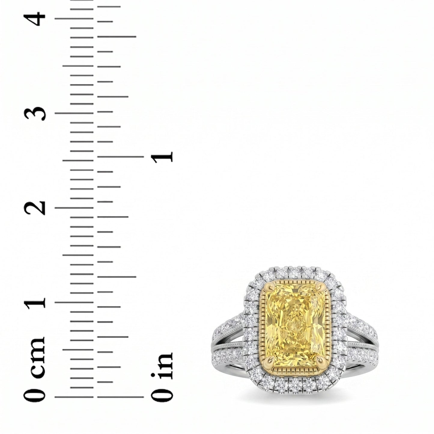 2.5Cttw Radiant Shaped Fancy Yellow Lab Grown Diamond (F/VS) Split Shank Halo Engagement Ring in 14K Gold