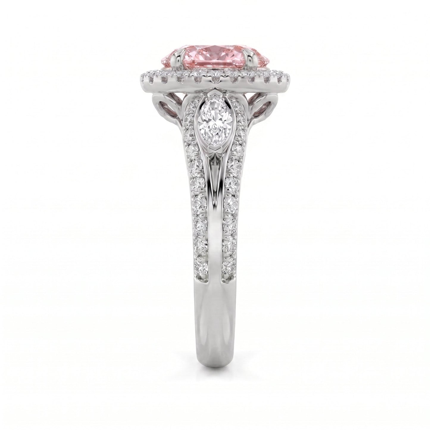 3Cttw Oval Shaped Pink Lab Grown Diamond (F/VS) Three Stone Halo Enagement Ring 14K Gold