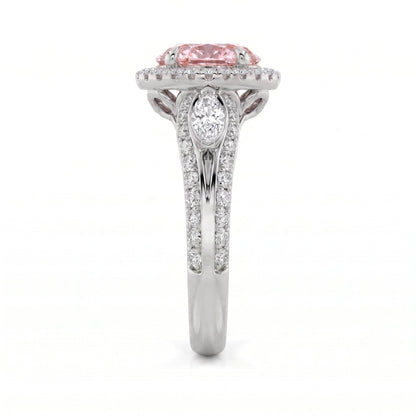 3Cttw Oval Shaped Pink Lab Grown Diamond (F/VS) Three Stone Halo Enagement Ring 14K Gold