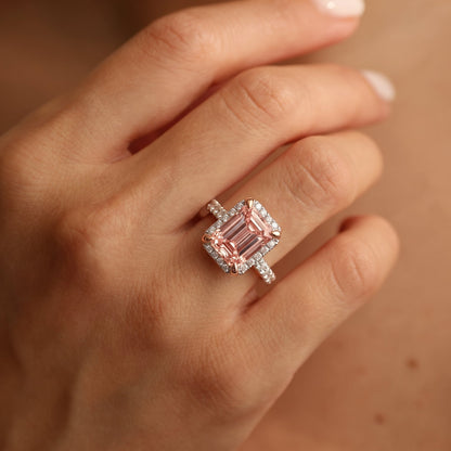 2Cttw Emerald Shaped Pink Lab Grown Diamond (F/VS) Halo Accented Engagement Ring in 14K Gold