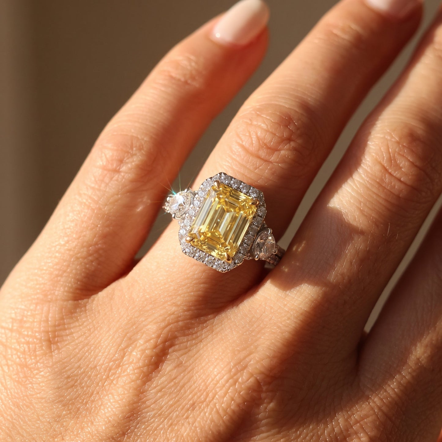 3Cttw Radiant Shaped Yellow Lab Grown Diamond (F/VS) Accented Three Stone Engagement Ring in 14K Gold