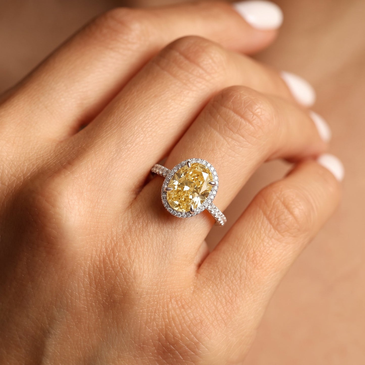 2Cttw Oval Shaped Yellow Lab Grown Diamond (F/VS) Halo Accented Engagement Ring 14K Gold