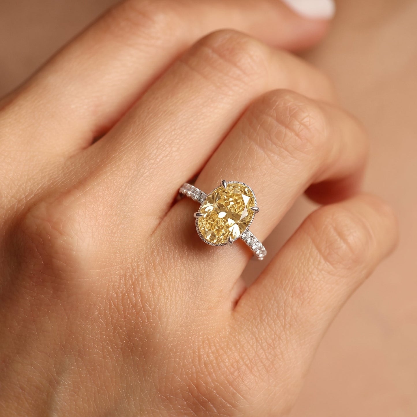 2Cttw Oval Shaped Yellow Lab Grown Diamond (F/VS) Halo Accented Engagement Ring in 14K Gold