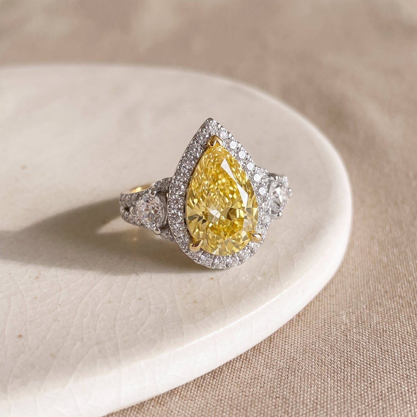 3Cttw Pear Shaped Yellow Lab Grown Diamond (F/VS) Three Stone Bold Accented Engagement Ring in 14K Gold